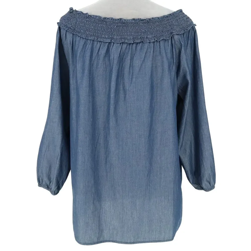 Chicos Top 1 Womens Medium 8 Blue Cotton Off Shoulder Blouse Boho Romantic - Picture 2 of 13